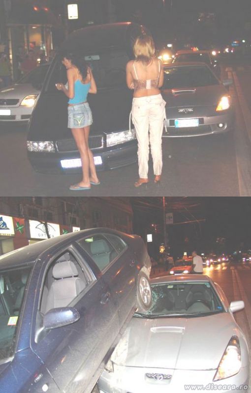 The driving woman (on Magheru) - how did she get up on that car ?!